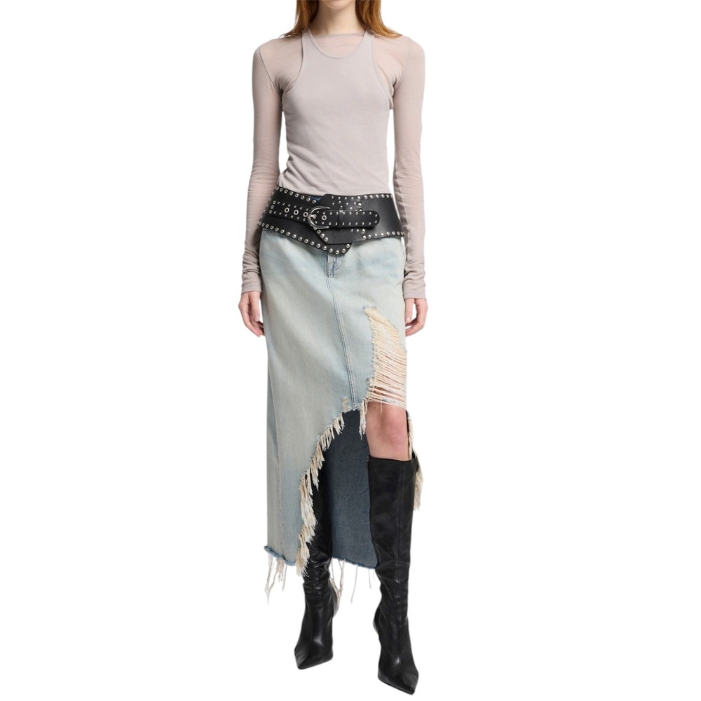 7 For All Mankind Peaches Distressed Denim Maxi Light Wash Midi Jean Skirt 26
